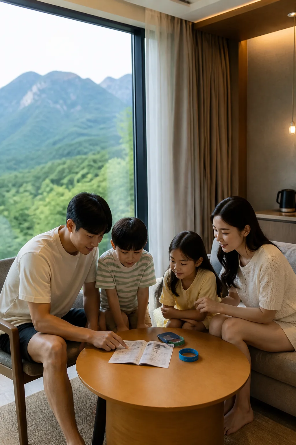 국내리조트추천 여행자가 리조트 객실에서 카드키와 이용 안내를 확인하는 모습