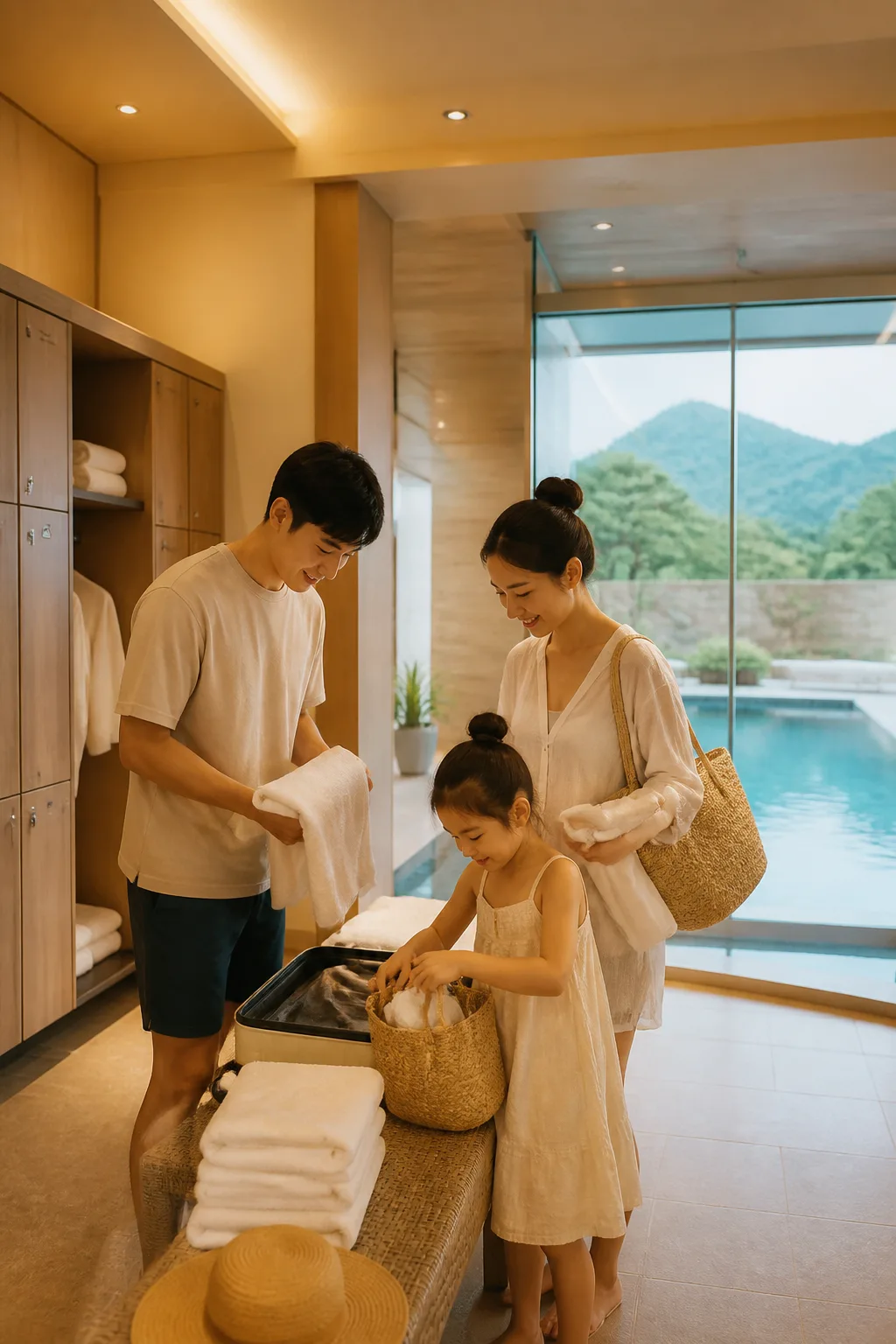 수건과 대여용품을 확인하는 가족 여행객이 보이는 국내리조트추천 관련 실내 수영장 장면
