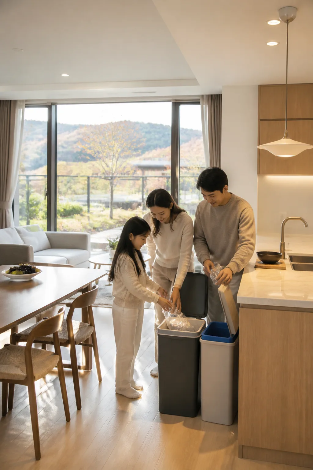 리조트 객실에서 쓰레기와 재활용품을 정리하는 국내리조트추천 여행 장면