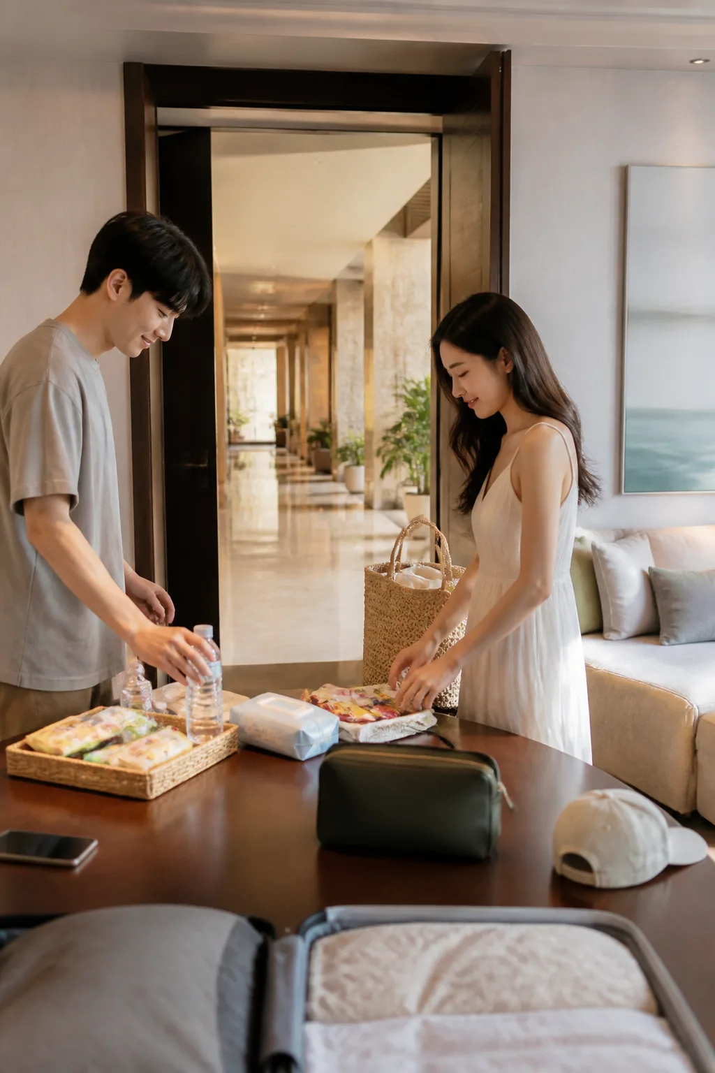 리조트 객실에서 생활용품과 간식을 준비하는 장면을 담은 국내리조트추천 이미지