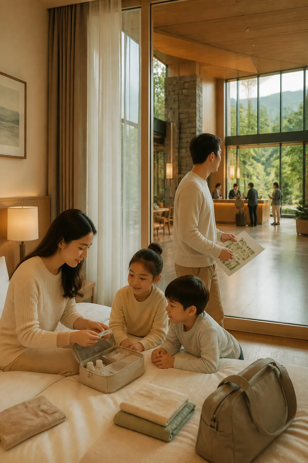 국내리조트추천을 위한 리조트 객실에서 상비약과 여행 준비물을 확인하는 가족 여행 장면