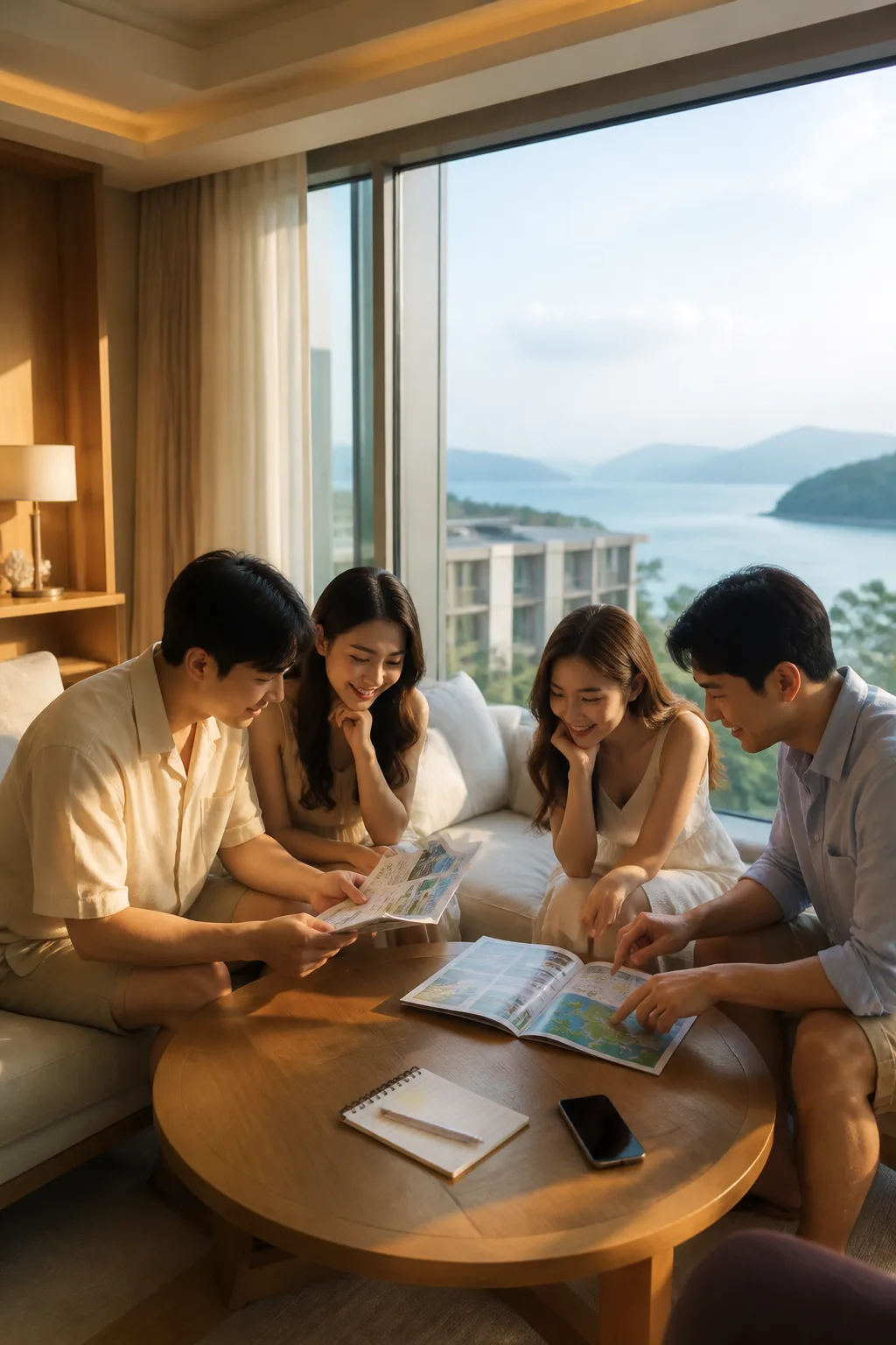 부대시설 이용 조건을 확인하며 여행을 계획하는 국내리조트추천 숙소 장면