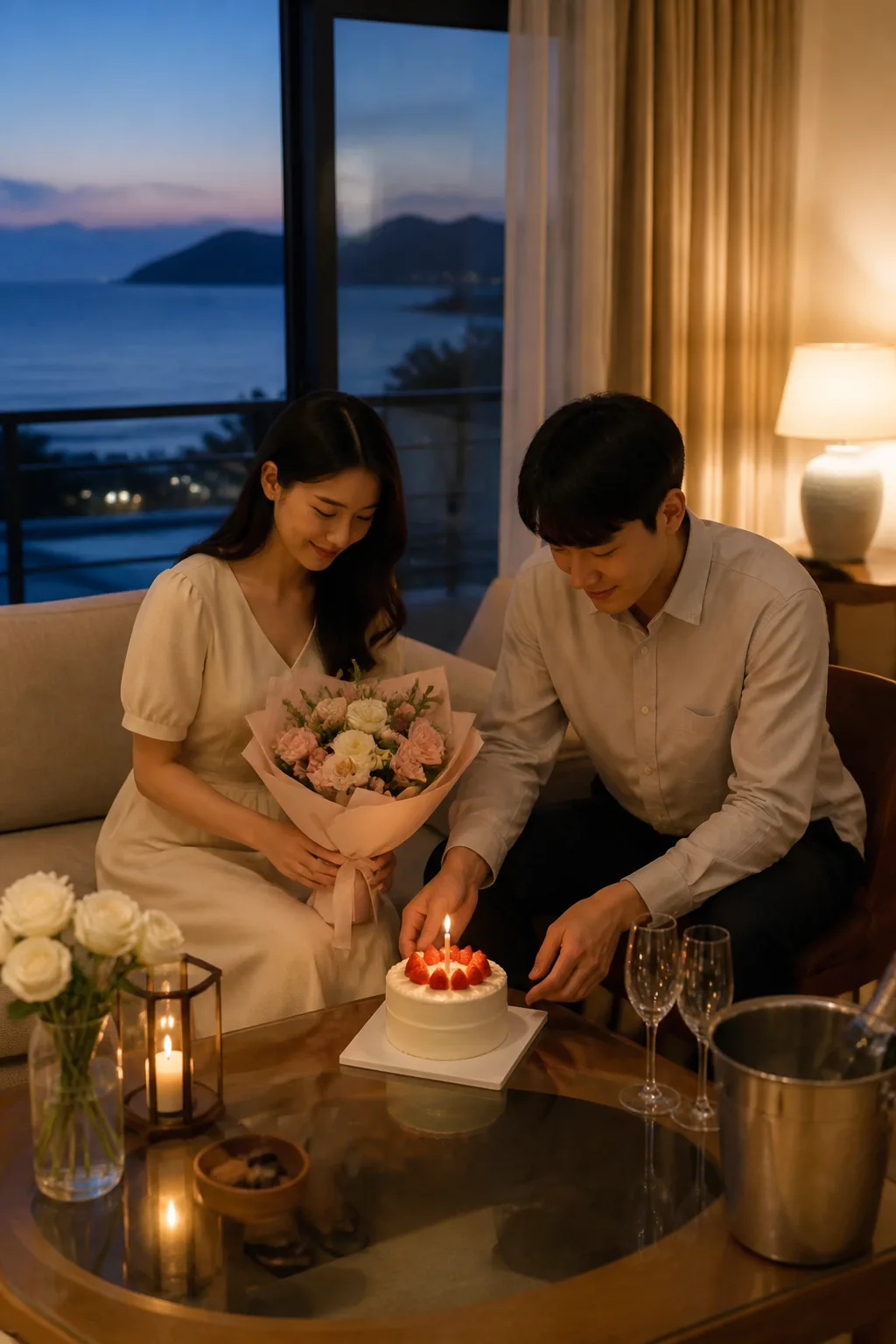 객실에서 케이크와 꽃다발로 기념일을 준비하는 국내리조트추천 여행 장면
